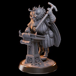 May include: A detailed gray figurine of a fly-like creature in historical attire, holding a hammer and working at a desk with a scroll. The figure has a long beard and is wearing a tunic and cape. The base is round.