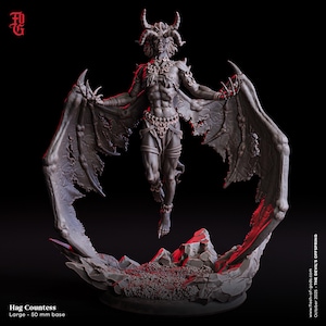 May include: A detailed grey figurine of the Hag Countess, a demonic figure with large wings, horns, and intricate body details. The figure is posed mid-air above a rocky base. The text "Hag Countess" and "Large - 50 mm base" are visible.