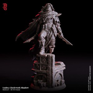 May include: A detailed miniature figure of a cloaked figure with a clockwork leg, holding two daggers. The figure is standing on a stone base with intricate details. The miniature is painted in a dark grey color.