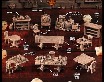May include: A collection of miniature tavern-themed terrain pieces, including tables, chairs, barrels, and shelves. The pieces are in a neutral color palette, with detailed textures. The image includes dice and the text "Hero's Path Tavern" and "Terrain Essentials".