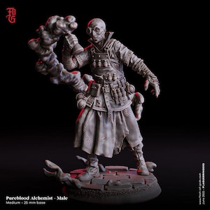May include: A detailed miniature figure of a Pureblood Alchemist, posed on a 25 mm base. The figure is clad in tattered clothing and goggles, holding a swirling cloud of smoke. The figure is gray with dark accents, set against a black background.