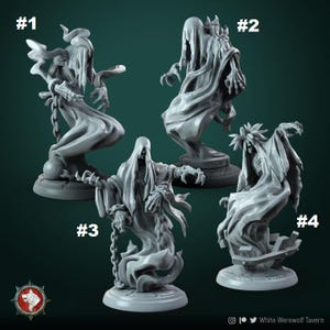 Op de afbeelding: Vier grijze geverfde miniatuurfiguurtjes van geesten in verschillende poses. Elk figuurtje staat op een ronde basis. De figuurtjes zijn genummerd van 1 tot en met 4.