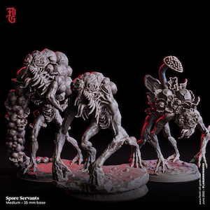 May include: Three gray Spore Servants miniatures with detailed skeletal and fungal features, posed on rocky bases. The miniatures have menacing expressions and are set against a dark background. The text "Spore Servants Medium - 25 mm base" is visible.