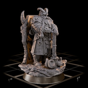 May include: A detailed gray figurine of a warrior, holding a hammer and shield. The warrior is adorned with armor and a horned helmet. The figurine is approximately 1 inch in height and stands on a rocky base.