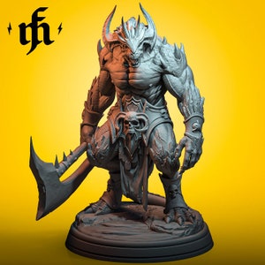 May include: A gray, detailed miniature figurine of a demon with horns, a skull-like belt buckle, and a large axe. The demon is standing on a round base.