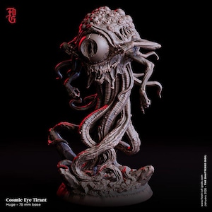Puede incluir: Figura detallada de Cosmic Eye Tirant, base de 75 mm. La criatura gris presenta un gran ojo, múltiples tentáculos y una superficie texturizada. El texto "Cosmic Eye Tirant" y "Huge - 75 mm base" son visibles.