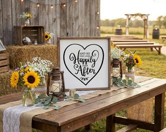 Happily Ever After Wedding Sign - Rustic Barn Reception Decor - Wood Farmhouse Style - Fairytale Marriage Quote - Sweetheart Table Prop