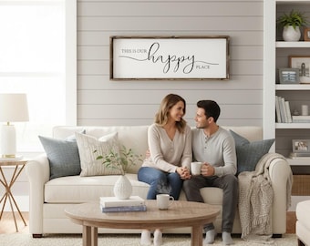 This Is Our Happy Place Sign | Farmhouse Wall Decor | Rustic Wood Framed Sign | Living Room or Entryway Decor | Housewarming Gift Family
