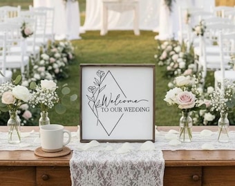 Wedding Welcome Sign, Modern Rustic Wedding Decor, Floral Minimalist Entrance Sign, Framed Wood Ceremony Sign, Reception Welcome Board