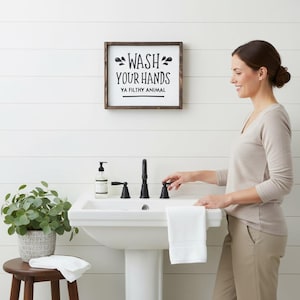 Funny Bathroom Sign - Wash Your Hands Ya Filthy Animal - Rustic Farmhouse Decor - Kids Bathroom Wall Art - Framed Wood Powder Room Sign