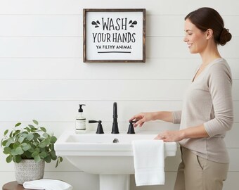 Funny Bathroom Sign - Wash Your Hands Ya Filthy Animal - Rustic Farmhouse Decor - Kids Bathroom Wall Art - Framed Wood Powder Room Sign