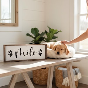 Personalized Dog Name Sign with Paw Prints | Custom New Puppy Gift for Dog Mom | Rustic Farmhouse Wood Shelf Sitter | Pet Lover Decor