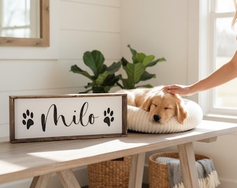 Personalized Dog Name Sign with Paw Prints | Custom New Puppy Gift for Dog Mom | Rustic Farmhouse Wood Shelf Sitter | Pet Lover Decor
