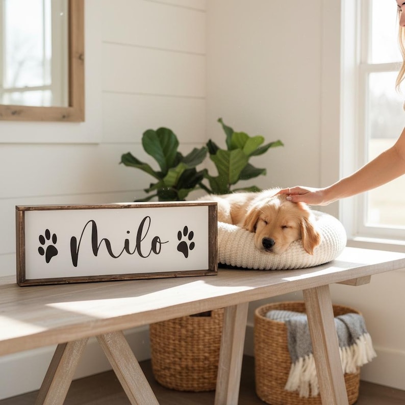Personalized Dog Name Sign with Paw Prints | Custom New Puppy Gift for Dog Mom | Rustic Farmhouse Wood Shelf Sitter | Pet Lover Decor