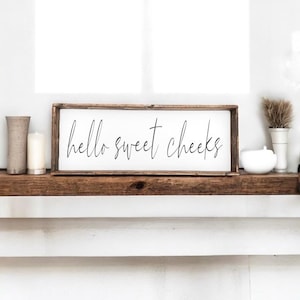 Funny Bathroom Sign, Farmhouse Wood Decor, Humorous Bathroom Quote, &quot;Hello Sweet Cheeks&quot; Distressed Sign, Rustic Bathroom Humor