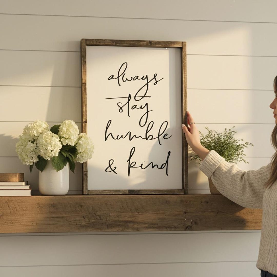 Always Stay Humble and Kind Sign | Rustic Farmhouse Wall Decor | Wood Framed Inspirational Quote Art | Modern Farmhouse Mantel Decor - Light Brown, 12” x 16” - White