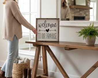 Welcome to our Farmhouse Sign | Modern Farmhouse Decor | Rustic Entryway Wall Art | Wood Framed Sign | Housewarming Gift for Couple