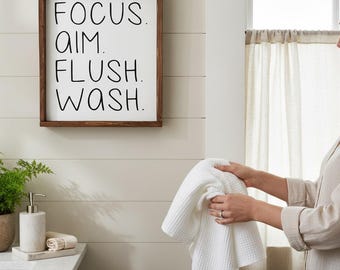 Focus Aim Flush Wash Sign | Funny Boys Bathroom Decor | Farmhouse Bathroom Wall Art | Rustic Wood Toilet Sign | Kids Bathroom Rules