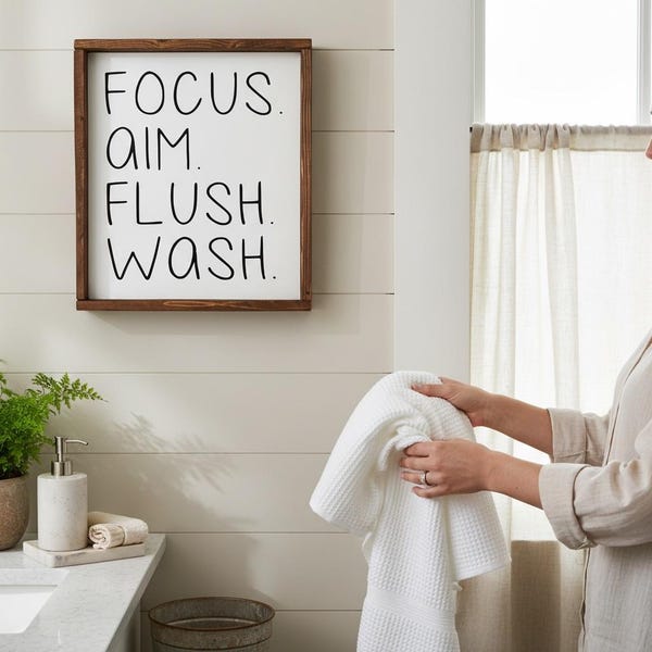 Focus Aim Flush Wash Sign | Funny Boys Bathroom Decor | Farmhouse Bathroom Wall Art | Rustic Wood Toilet Sign | Kids Bathroom Rules
