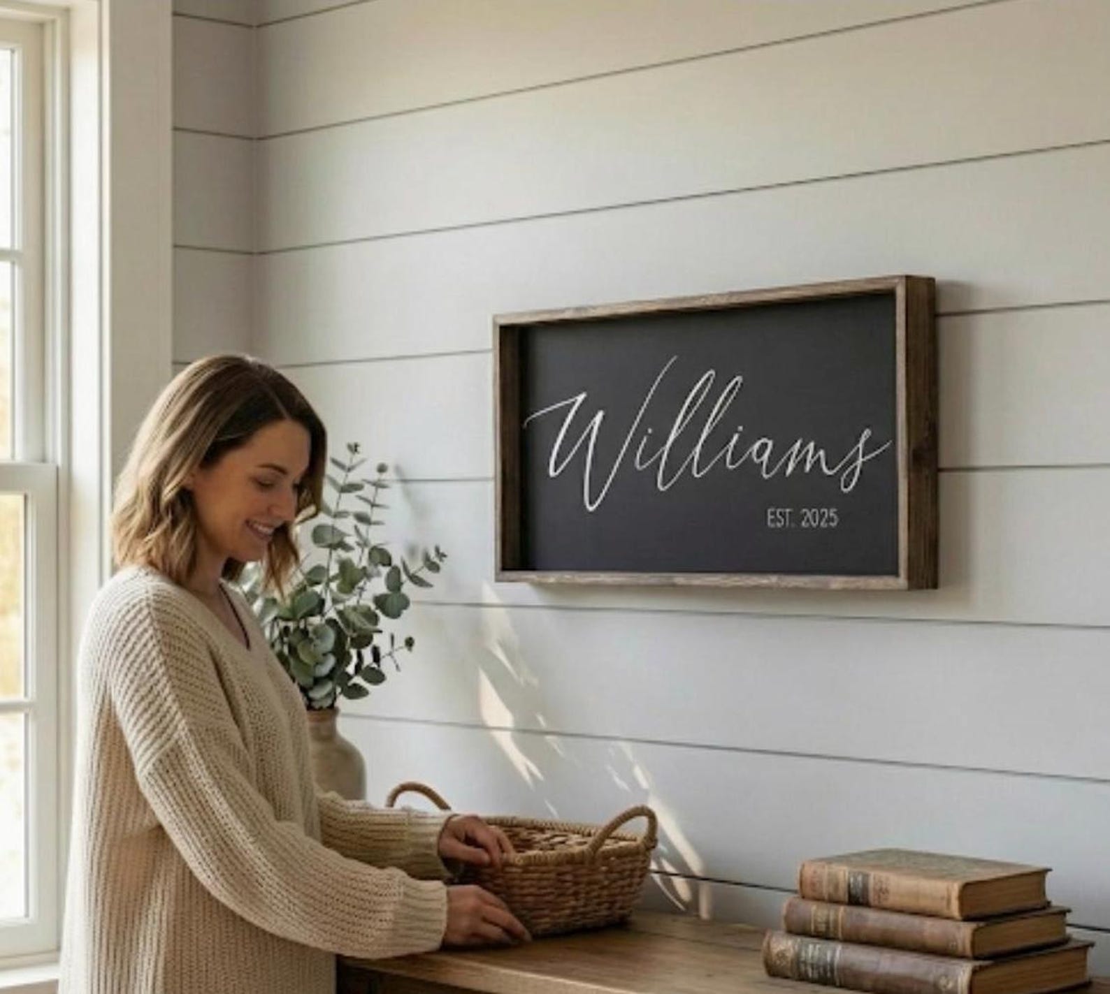 Personalized Family Name Sign | Custom Last Name Established Date | Modern Farmhouse Wall Decor | Wedding Gift for Couple | Large Horizontal