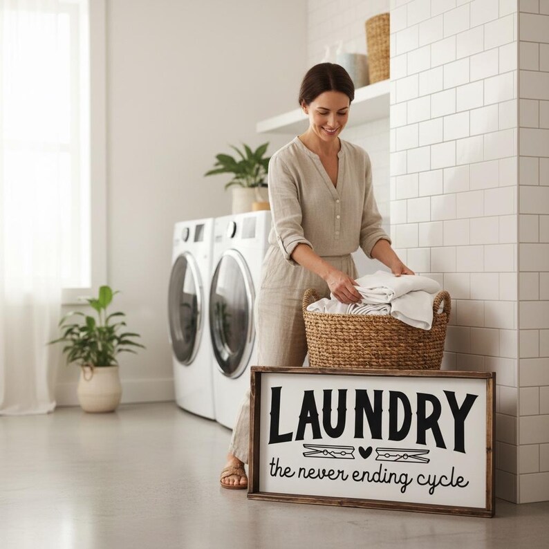 Funny Laundry Room Sign | "Laundry The Never Ending Cycle" | Farmhouse Laundry Decor | Rustic Wood Framed Washroom Wall Art | Housewarming Bild 6