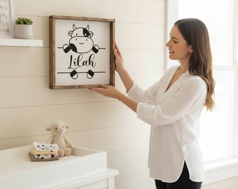 Cute Cow Baby Name Sign, Farmhouse Nursery Decor, Personalized Wood Sign for Boy or Girl, Custom Animal Wall Art, Barnyard Theme Room