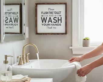 Please Flush The Toilet Sign, Farmhouse Bathroom Rules, Rustic Wood Wall Decor, Funny Kids Bathroom Art, Guest Bath Reminder