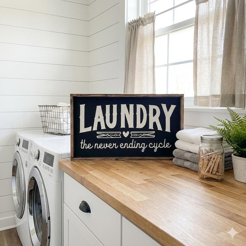 Funny Laundry Room Sign | "Laundry The Never Ending Cycle" | Farmhouse Laundry Decor | Rustic Wood Framed Washroom Wall Art | Housewarming Bild 3