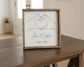 Personalized Couple Sign Heart Hands Line Art | Custom Wedding Gift for Couple | Engagement & Anniversary Gift | Wood Farmhouse Est Date
