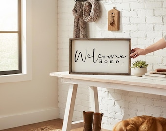 Welcome Home Sign | Modern Farmhouse Entryway Decor | Rustic Wood Framed Sign | Housewarming Gift | Neutral Foyer Wall Art