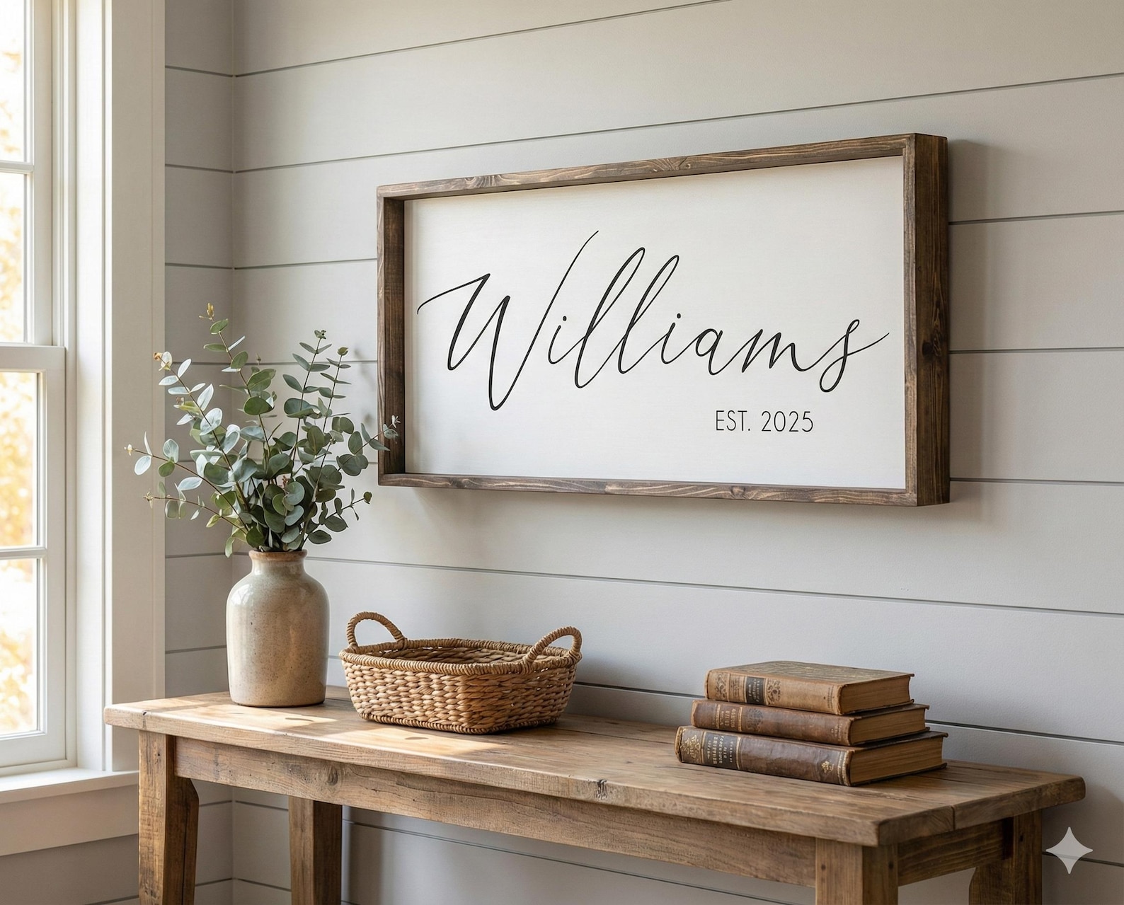 Personalized Family Name Sign | Custom Last Name Established Date | Modern Farmhouse Wall Decor | Wedding Gift for Couple | Large Horizontal - Distressed Brown, 14" x 24" - White