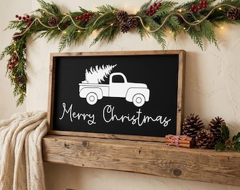 Farmhouse Christmas Wood Sign, Vintage Red Truck, Rustic Holiday Decor