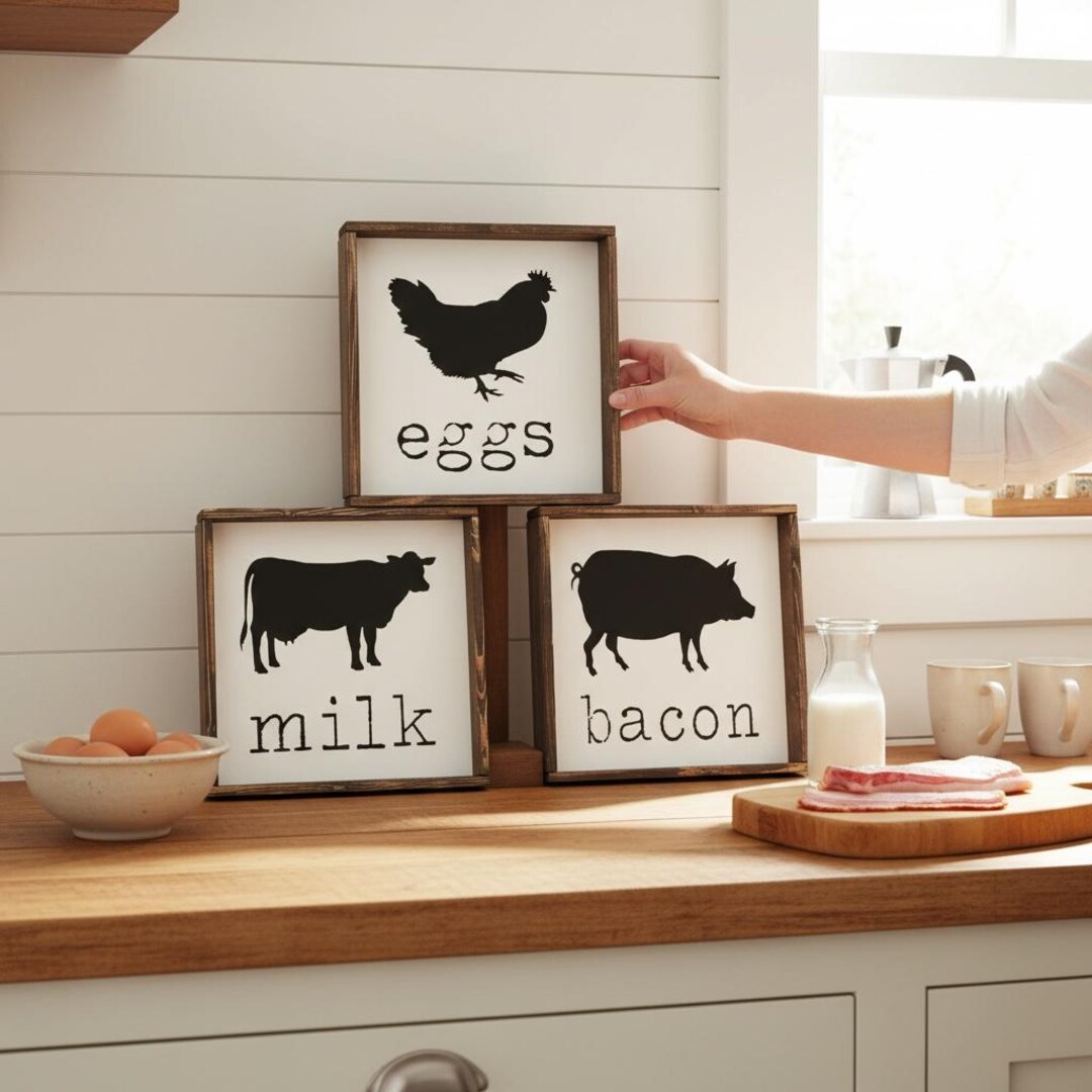 Farmhouse Kitchen Signs Set of 3 | Eggs Milk Bacon Decor | Cow Pig ...