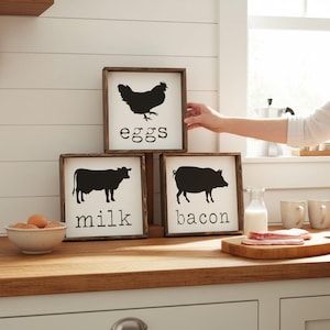 Farmhouse Kitchen Signs Set of 3 | Eggs Milk Bacon Decor | Cow Pig Chicken Wood Signs | Rustic Breakfast Nook Wall Art | Tiered Tray Decor