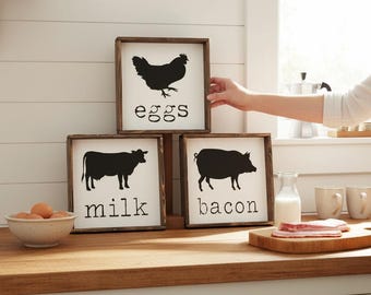 Farmhouse Kitchen Signs Set of 3 | Eggs Milk Bacon Decor | Cow Pig Chicken Wood Signs | Rustic Breakfast Nook Wall Art | Tiered Tray Decor