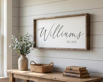 Personalized Family Name Sign | Custom Last Name Established Date | Modern Farmhouse Wall Decor | Wedding Gift for Couple | Large Horizontal
