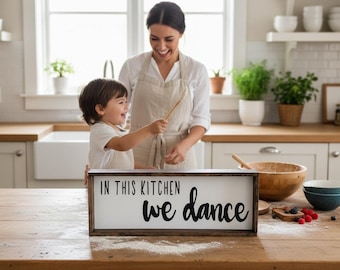 In This Kitchen We Dance Sign - Modern Farmhouse Kitchen Decor - Wood Framed Kitchen Wall Art - Housewarming Gift - Rustic Home Sign
