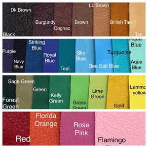 May include: A color chart displaying various leather swatches. Colors include black, brown, burgundy, and tan shades, along with blues, greens, and vibrant hues like red, orange, and pink. Each swatch is labeled with its respective color name.