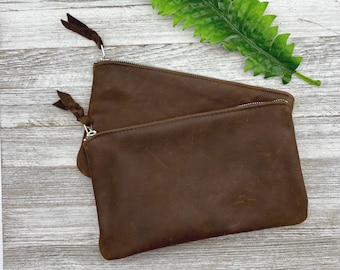 10”rustikale braune XXL Leder Reißverschluss Tasche – Handgefertigte Clutch Geldbörse, gefütterte Ledertasche zum Handgelenk, Made in den USA