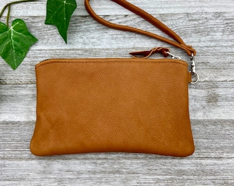 Deerskin purse, XL Leather Zipper Pouch (8 inch length), Leather Purse Lined, Leather Clutch With A Wristlet, Super Soft, Made In USA.