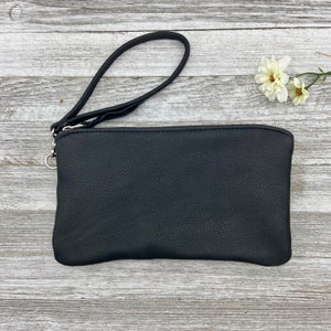 Cartera de piel de ciervo de 10", bolsa de cuero XXL con cremallera, cartera de cuero forrada, bolso de mano de cuero con correa para la muñeca, súper suave, hermoso, hecho en EE. UU.