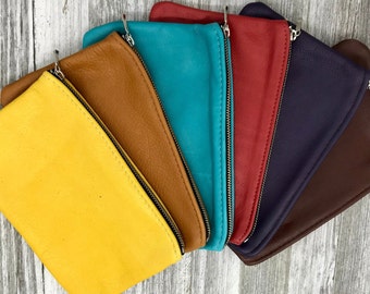 XL Leather Zipper Pouch(8 inch), Leather Coin Pouch Unlined, Leather Clutch Bag, Made In USA.