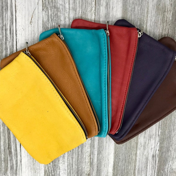 XL Leather Zipper Pouch(8 inch), Leather Coin Pouch Unlined, Leather Clutch Bag, Made In USA.