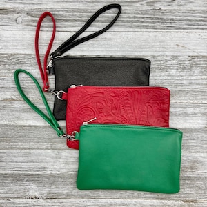 Estuche de cuero con cremallera y muñequera de 8" XL, estuche de cuero para monedas con muñequera, bolso de mano de cuero con muñequera, hermosa billetera con muñequera, fabricado en EE. UU.