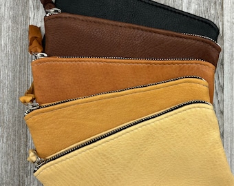 Deerskin  purse, XL Leather Zipper Pouch (8”inch length), Leather Purse Lined, Leather clutch, Leather Coin pouch, Super Soft, Made In USA.