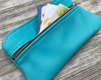 Double Zipper Purse 7”x 4 1/4” x 1/2", Double Zipper Pouch, Beautiful Colorful Leather, Clutch Bag, Made In USA.