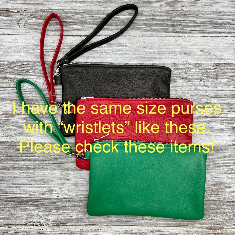 May include: Three leather wristlet purses in black, red, and green. The purses are stacked on top of each other. The text "I have the same size purses with "wristlets" like these. Please check these items!" is visible in the image.