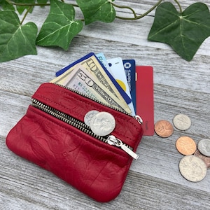 Porta-moedas com zíper duplo de 4,8" sem chaveiro, 4,8" x 3", couro floral, couro macio, carteira de couro linda, bolsa tipo carteira, feita nos EUA.