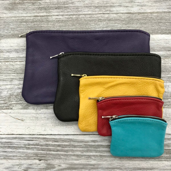 XXL Leather Zipper Pouch( 10” x 5 3/4”-6”)Leather Purse Lined, Leather clutch, Personal organizer,Leather Coin pouch, Made In USA.