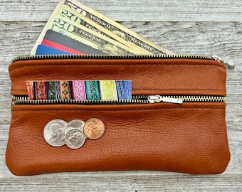 8&quot; Double Zipper Leather Purse - 8” x 4.25” x 0.5&quot;, Fits Larger Phones, Beautiful Soft Leather, Coin Pouch, Wallet, Clutch Bag, Made in USA